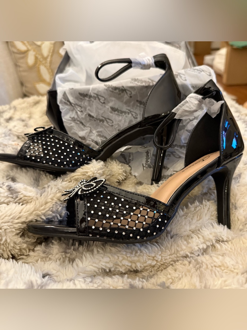NEW Black Patent Mesh Crystal Embellished D'Orsay, Black Rhinestone Bow